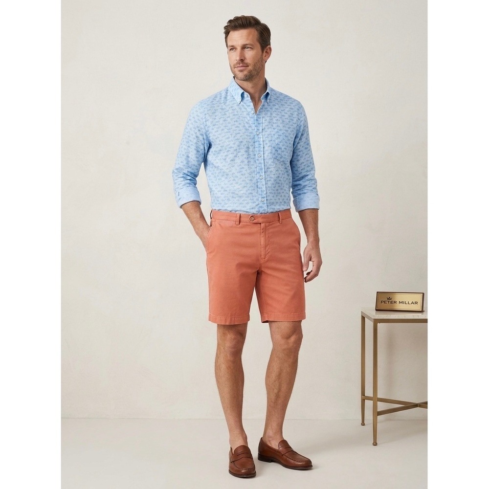 Peter Millar Mens 34 Coral Orange Pima Cotton Crown Comfort Flat Front Shorts
